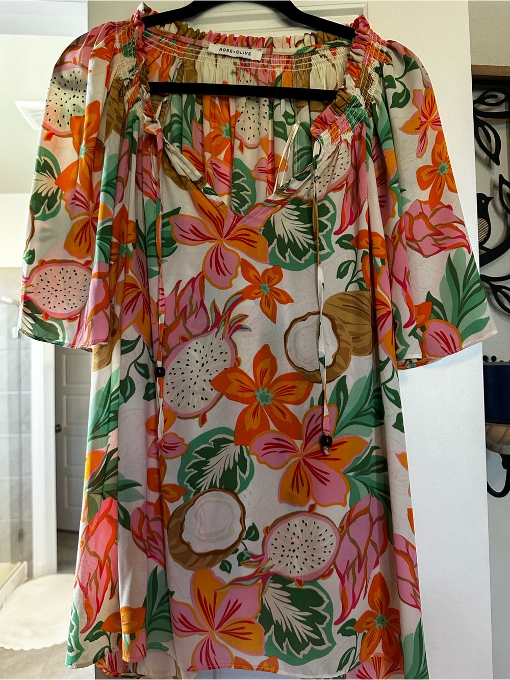 Rose & Olive Cream Tropical Floral Midi Dress with Pink & Orange Accents
